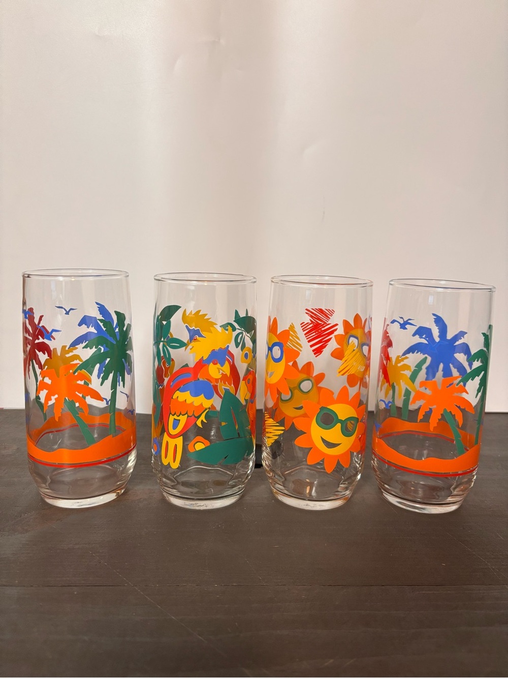 Vintage Libbey Glasses Tea Tropical Sun Parrot Macaw Fish Beach 6” 16oz Set of 4